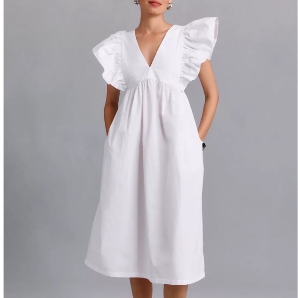 Maeve Anthropologie White Cotton Ruffle Sleeve Empire Waist‎ Midi Dress Small